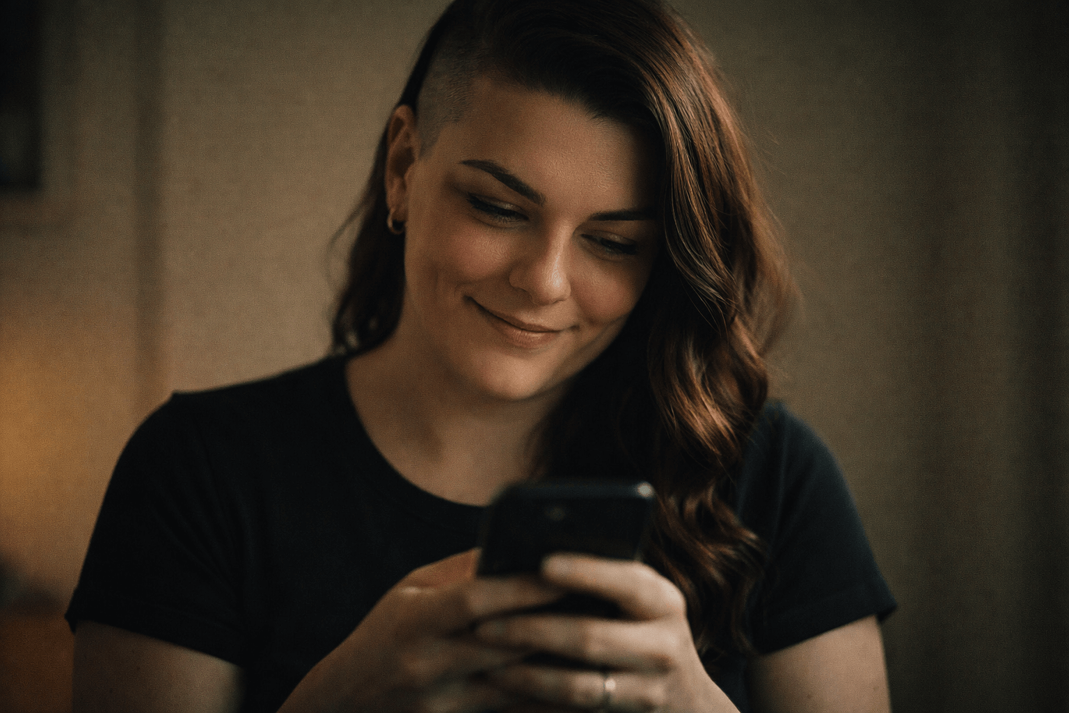A woman with an undercut hairstyle smiling down at her phone in warm, natural light, captured in a relaxed, candid moment.