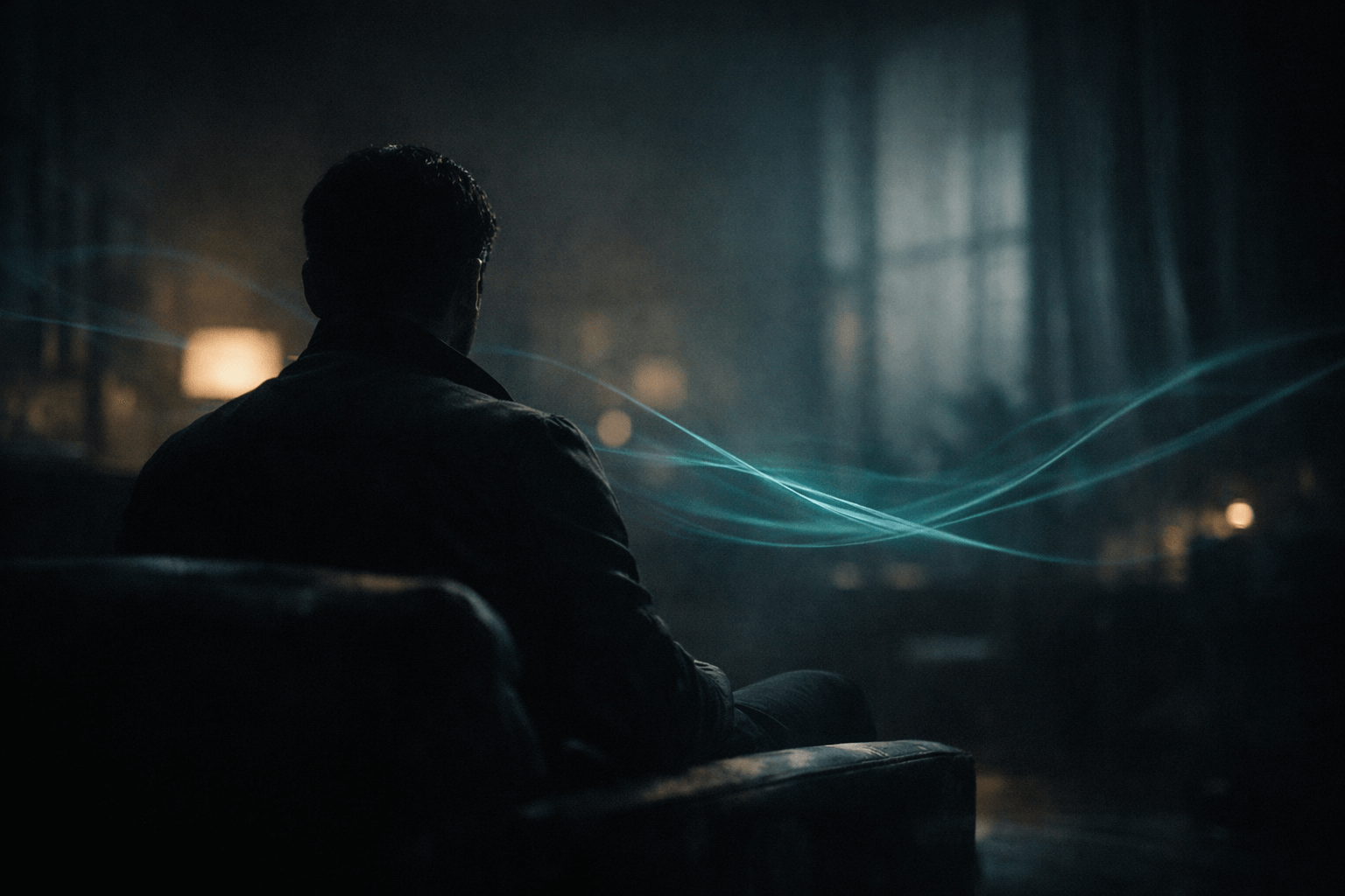 A silhouetted figure seated in a dimly lit room, seen from behind, with soft teal light trails suggesting presence and thought in the air.