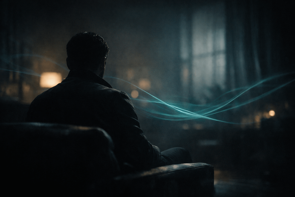 A silhouetted figure seated in a dimly lit room, seen from behind, with soft teal light trails suggesting presence and thought in the air.